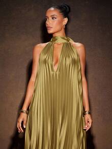 Hauture 性感优雅度假褶皱纯色高低露背立领挂脖长裙 - 灰綠 - 查看 5