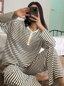 DAZY Striped Half-Button Loose Fit Top & Pants Loungewear Set, Cozy Outfits, Fall Winter Clothes Pajama - Beige - View 6