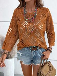 EMERY ROSE 女士纯色镂空七分袖宽松休闲毛衣 - 亮橙色 - 查看 6