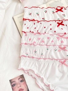 PetitDoll 5pcs/Pack Women Plus Size Printed Ruffle Trim Bow Tie Comfortable Bikini Briefs