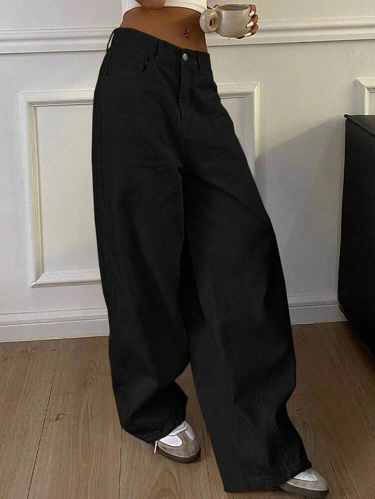 Solid Color Loose Long Women's Baggy Jeans, Loose Pants