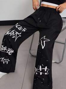 INAWLY Pantalon long décontracté pour femmes avec imprimé lettres et cordon de serrage à la taille, automne