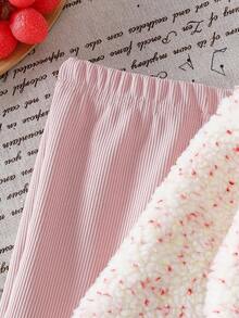 SHEIN 2 件女婴秋冬蓬松针织长袖上衣 + 粉色针织裤休闲套装