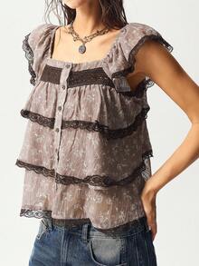 Bohemela 女式休闲波西米亚复古拼色碎花荷叶边多层方领衬衫，适合夏季和秋季 - 棕色 - 查看 5