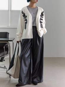 DAZY Women's V-Neck Cardigan Sweater With Colorblock And 3D Floral Decor, Casual And Youthful - White - View 7