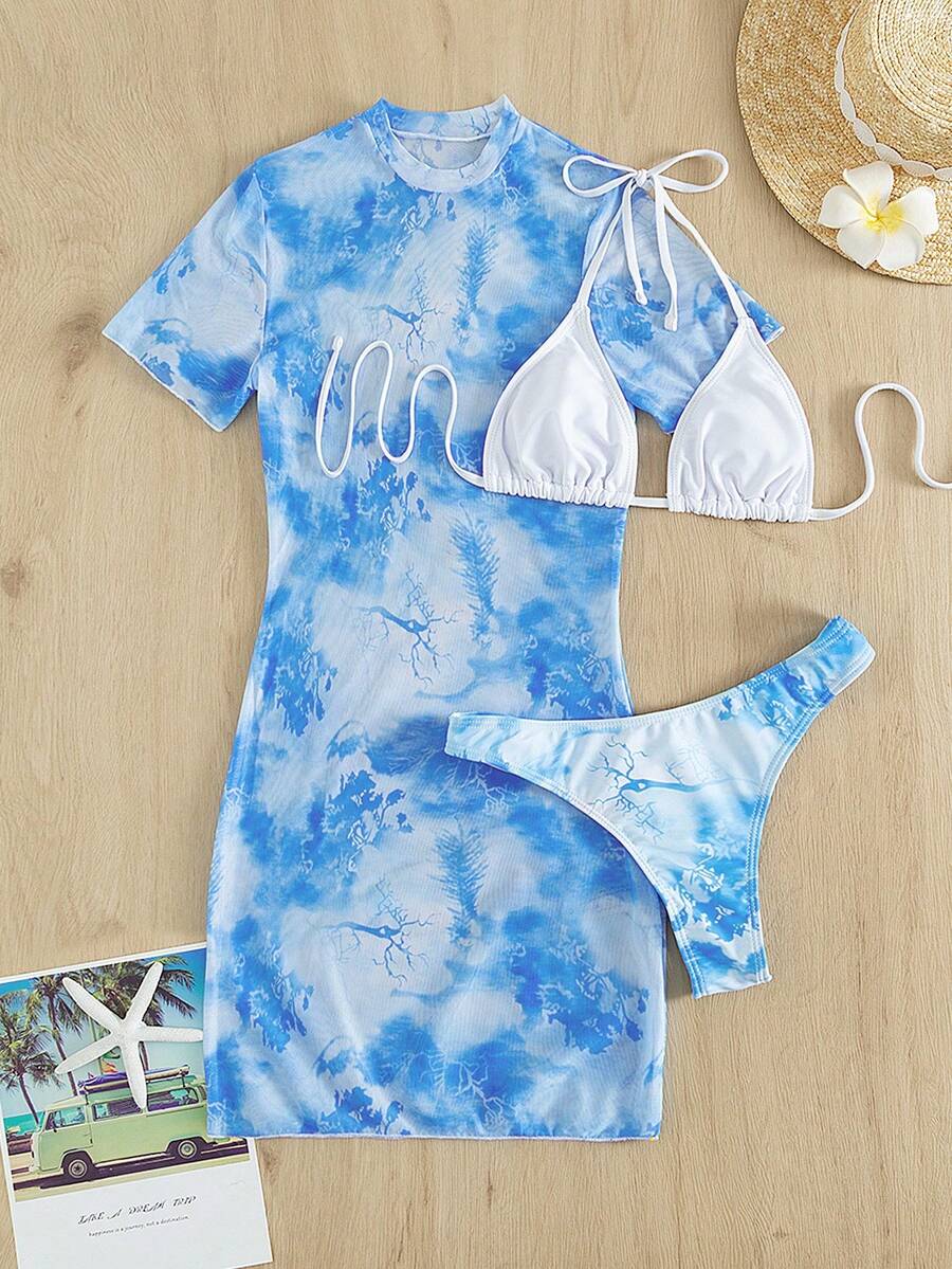 SHEIN Swim Summer Beach Allover Print Halter Triangle Bikini With Cover Up - Blue and White - View 1