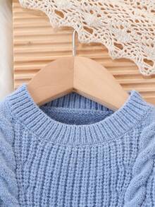 SHEIN Vintaside Kids 2pcs Baby Girls Sweater Set, Ruffled Collar, Cable Knit Pullover Top With Matching Flared Pants, Comfortable, Suitable For Autumn/Winter Fall - Blue - View 4