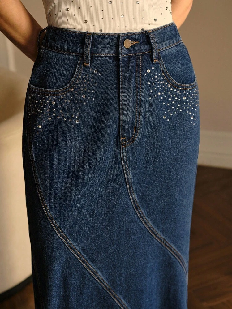 RHINESTONE EMBELLISHED RAW HEM BIAS CUT DENIM SKIRT, AUTUMN/WINTER