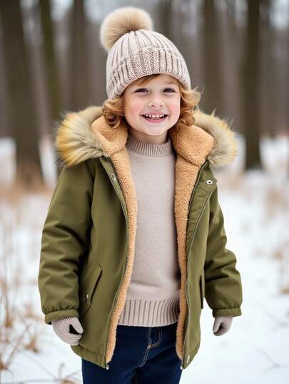 SHEIN 1 件年轻男孩休闲学院风舒适时尚简约实用百搭宽松连帽夹克，带口袋和人造毛皮衬里，适合上学、户外、运动、秋冬季