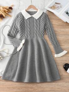 Vestido suéter feminino elegante, estilo universitário, gola branca, babados, manga larga, texturizado, de malha, manga comprida, adequado para uso diário, ao ar livre, no campus, no outono/inverno