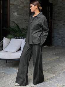 DAZY 女士休闲牛仔套头衫和直筒裤套装 - 黑色 - 查看 4