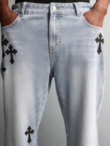 SUMWON Cotton Chrome Cross Design Light Wash Flared Denim Jeans Gothic Print Baggy Pants For All Seasons Street Style Custom Handcrafted Fashion