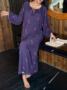 DAZY Floral Print Drawstring Waist Loose Long Women Nightgown, Fall Pajama, Winter, Moo Moo Night Dress - Purple - View 5