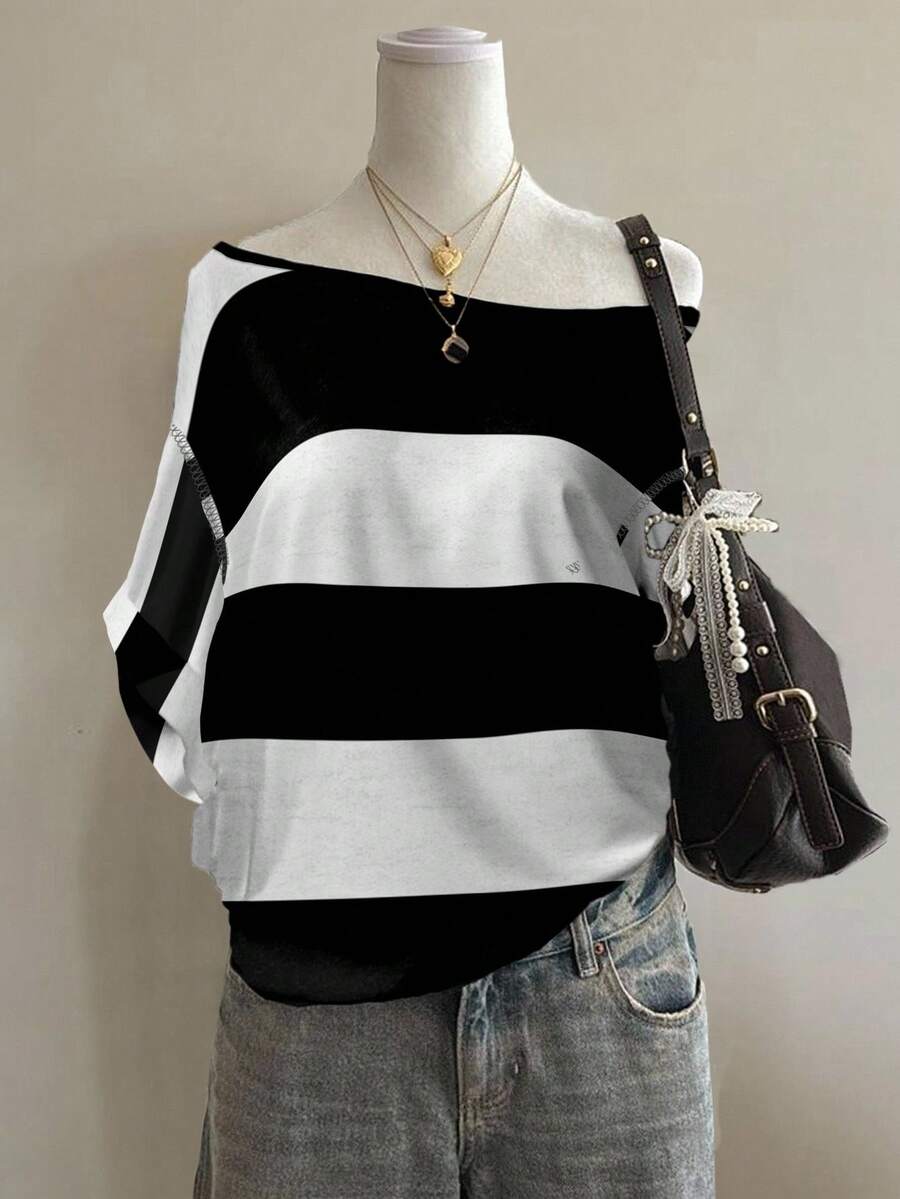 Attitoon 女式休闲黑白条纹印花落肩宽松短袖T恤 - 彩色 - 查看 1