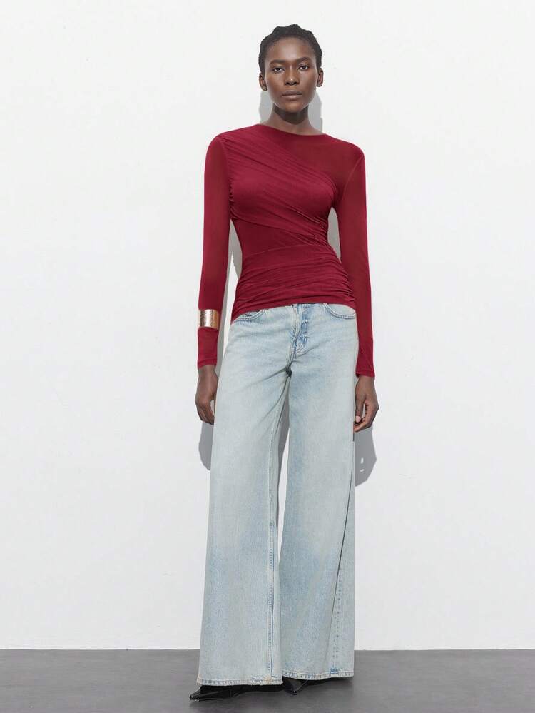 SHEIN Maija 2025 가을 비대칭 러플 기본 긴소매 미니멀리스트 어반 비즈니스 캐주얼 여성 블라우스, 오피스 웨어, 외출 탑, 크리스마스, 할로윈, 파티에 적합