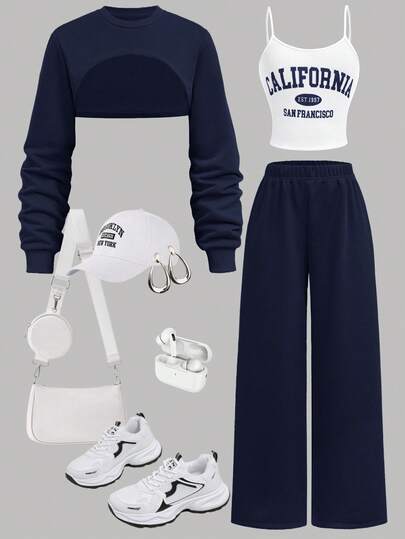 SHEIN Girlism 3pcs/Set Teen Girls Casual Sports Sweatshirt With Printed Camisole And Wide Leg Sweatpants Outfit Set Outfit For Women Girld Outfit Set College Outfits Full Outfit Set Baseball Outfit