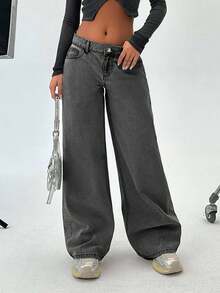 EURMUSE WOMEN WIDE LEG LOW WAIST JEANS - Dark Grey - View 5