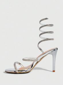 CUCCOO SZL Pointed Toe Stiletto Rhinestone Embellished Sexy Women's High Heel Sandals - Silver - View 5