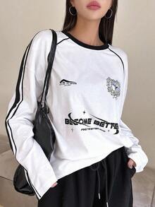 DAZY Camiseta de manga larga con eslogan, gráfico y ribete de contraste, hombros caídos, ropa de otoño, ropa de vuelta al colegio, tops para mujeres - Blanco - Ver 4