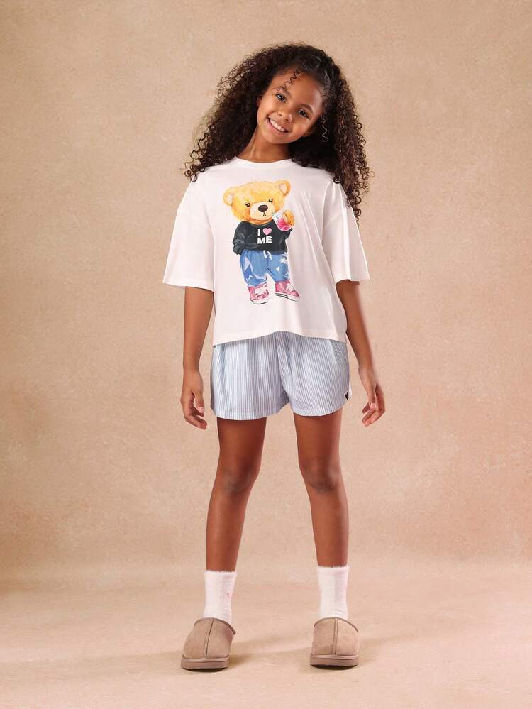 Teddy Bear Graphic Tee With Striped Shorts Pajama Set
