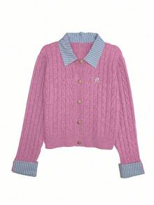 Zielony Fashionable Blogger-Inspired 2 In 1 Patchwork Knit Cropped Cardigan, European And American Style Pastel Retro Preppy 90s Aesthetic Cardigan - Pink - View 3