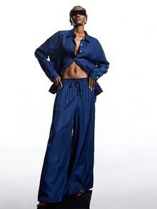 LYSMO Conjunto Casual de 2 Peças com Camisa de Manga Longa com Ombros Caídos e Calça Perna Larga Solta em Cor Sólida, Outono - Azul - Visão 4