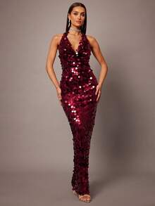 Silquee 优雅亮片修身挂脖露背女式长裙 - 紅色 - 查看 4