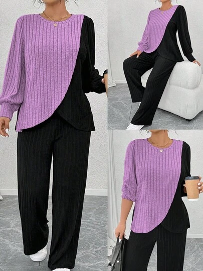 EMERY ROSE Plusstorlek Rund halsringning Långärmad Mjukstickad Ribbad Färgblocks-Asymmetrisk Patchwork-topp Och Mjukstickade Ribbada Byxor Med Raka Ben Avslappnad Loungewear 2-delat Set
