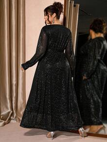 Cravure Plus Size Women V-Neck Long Sleeve Sheer Fashion Slit Glitter Elegant Dress - Black - View 2