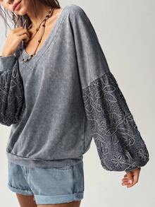 Bohemela 休闲纯色针织撞色蕾丝边宽松水洗T恤女秋冬装 - 灰色 - 查看 1