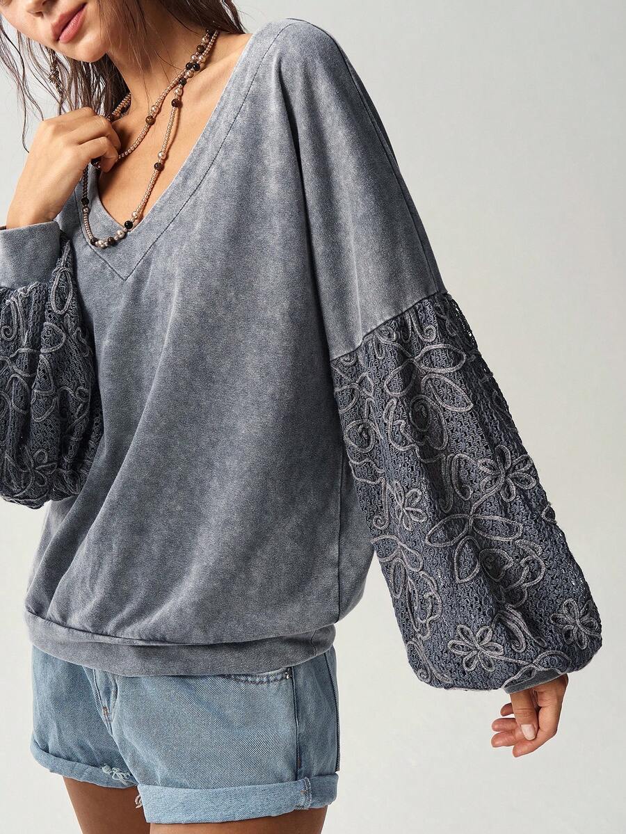 Bohemela 休闲纯色针织撞色蕾丝边宽松水洗T恤女秋冬装 - 灰色 - 查看 1