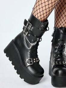 ROMWE Grunge Punk 2025秋冬新款圆头系带链条朋克厚底靴，皮革户外时尚一脚蹬中筒靴 - 黑色 - 查看 3