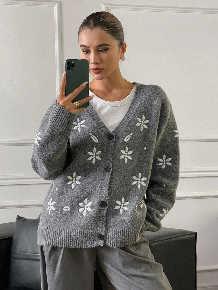 Women's V-Neck Long Sleeve Loose Cute Floral Embroidery Casual Cardigan Sweater Fall/Winter