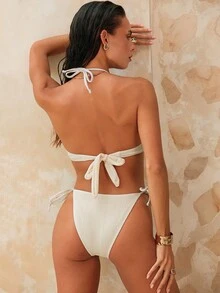 SHEIN Swim Chicsea Của phụ nữ Màu thuần Halter Neck Bộ Bikini Với Chi tiết nút thắt - Màu be - Xem 3