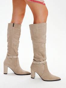 Styleloop 女式绒面尖头高跟弹力靴，防滑软底细跟中筒靴，适合秋冬季 - 杏色 - 查看 4