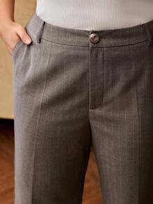 MOTF PREMIUM PLUS SIZE STRIPED PRINT SLANT POCKET FLARE SUIT PANTS - Grey - View 2