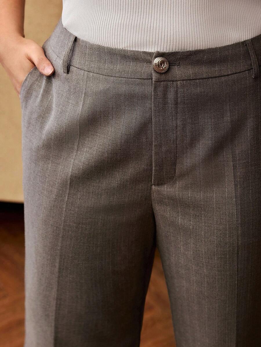 MOTF PREMIUM PLUS SIZE STRIPED PRINT SLANT POCKET FLARE SUIT PANTS - Grey - View 2