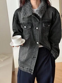 DAZY Women's Fluffy Patchwork Front Button Pocket Long Sleeve Regular Jacket Thermal Lined, Winter Women Coats - Dark Grey - View 7