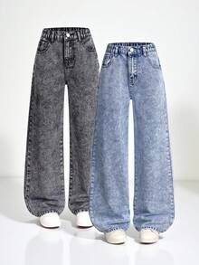 SHEIN Explorewe 2pcs Tween Girl All-Match Versatile Straight Wide Leg Denim Jeans, School, Campus, College Chic For Autumn/Winter - Multicolor - View 1