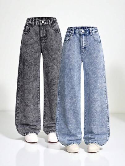SHEIN Explorewe 2pcs Tween Girls All-Match Versatile Straight Wide Leg Denim Jeans, School, Campus, College Chic Outfits For Autumn/Winter
