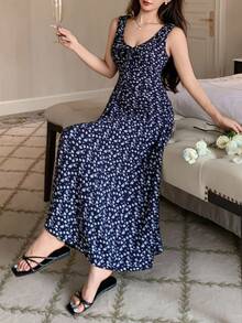 DAZY Ditsy Floral Ruffle Collar Waist Cinched Sleeveless Women Nightgown Pajama - Navy Blue - View 5