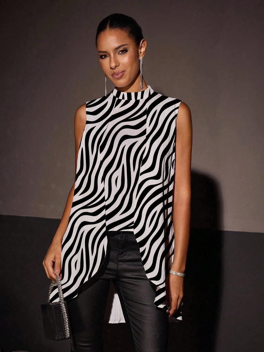 Glamance Pati Paints Women's Sleeveless Elegant Romantic Casual Shirt With Zebra Print, Autumn/Winter - Multicolor - View 1