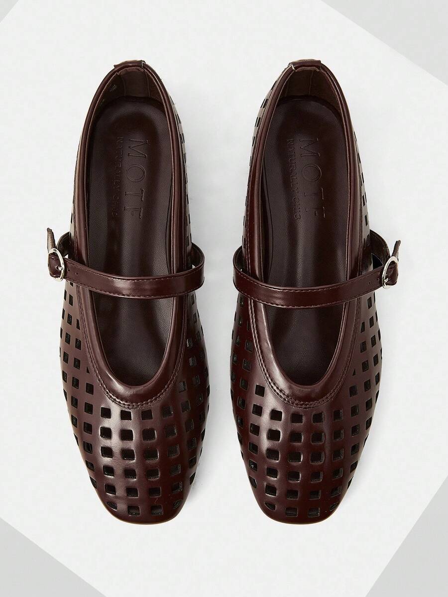 MOTF PREMIUM Nuevos zapatos de ballet con láser hueco para mujer, primavera y verano, con hebilla de metal transpirable y zapatos de Mary, zapatos de boca ligera, bailarinas de punta cuadrada marrón, elegancia versátil, de moda, sandalias de alta gama ligeras y cómodas - Café integral - Ver 1