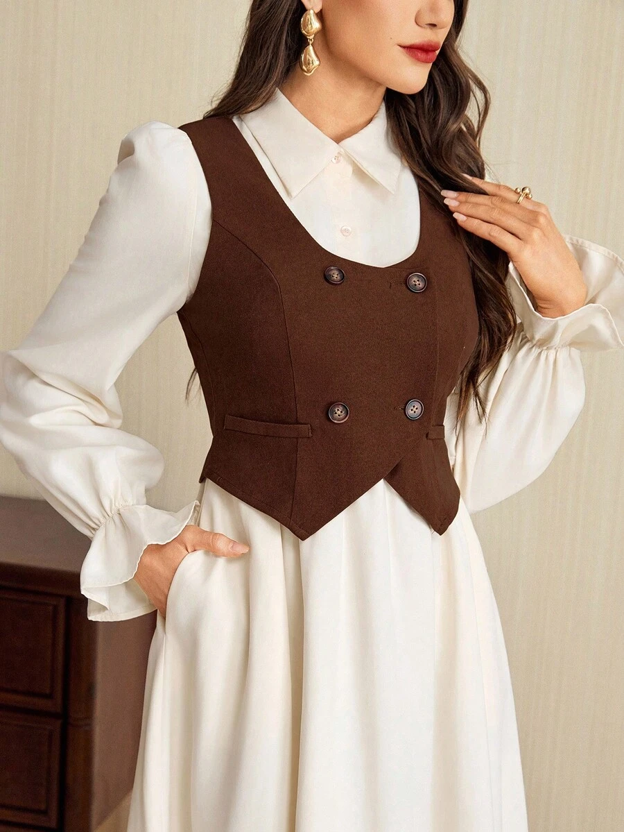 Vintamour 2 件复古经典优雅女士修身背心连衣裙套装，衬衫裙套装，杏色连衣裙和棕色背心套装，长袖套装，秋冬 - 咖啡棕 - 查看 1