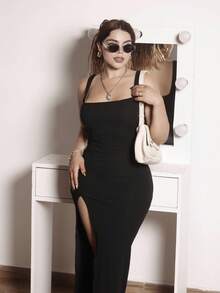 Lupita Cardoza 高弹力罗纹针织宽带女式高开叉修身长裙，女士度假装 - 黑色 - 查看 4