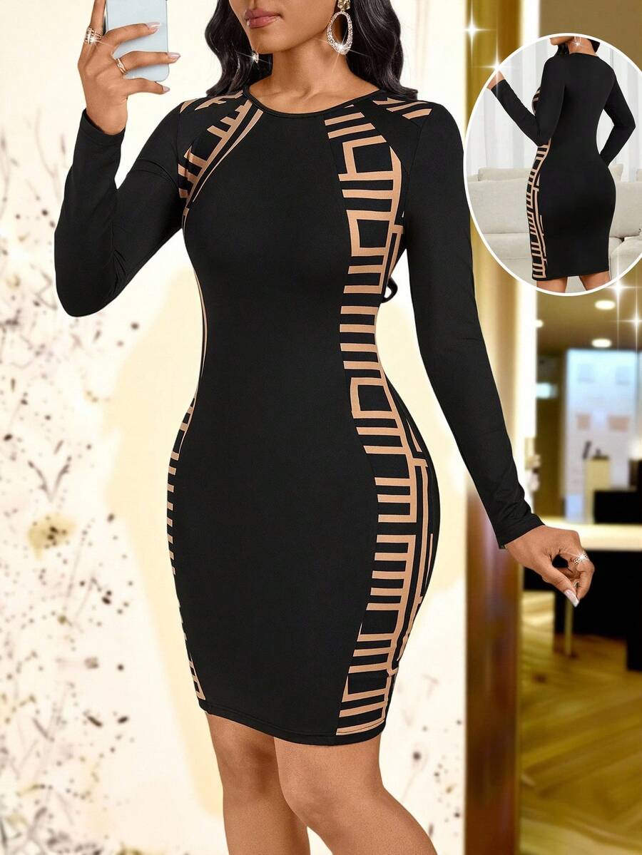 SHEIN Lady Women's Fashionable Sexy Printed Bodycon Dress, Autumn - Multicolor - View 1