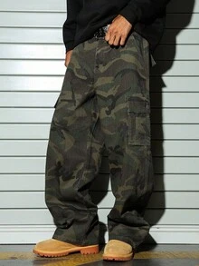 Manfinity EMRG Quần jeans ống loe nhiều túi, thời trang dạo phố thường ngày dành cho nam - xanh quân đội - Xem 7