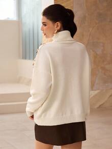 Modelyn Suéter de manga larga con cuello alto, hombros caídos y decoración de lentejuelas hecho a mano de moda para mujer