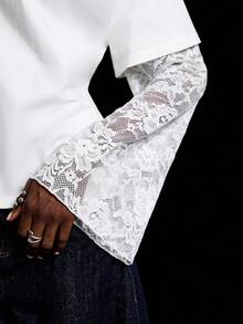 LYSMO 2025 New Arrival Minimalist Fall-Winter Women's Loose Fit Round Neck Drop Shoulder Contrast Lace T-Shirt, Fresh And Elegant, French Romantic, Graceful Temperament, Casual And Versatile, Youthful, Delicately Feminine, Perfect For Daily Commuting Lace Jersey Lace Shirts Sleeve Top Bell Sleeves Underscrub Long Sleeve,White Shirt,White Top - White - View 9