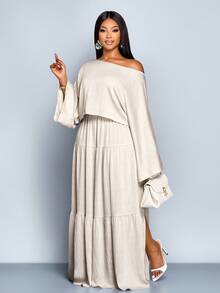 SOLERSUN 女士加大码纯色亚麻简约休闲宽松长袖上衣和荷叶边半裙两件套，米色，夏季，度假 - 杏色 - 查看 4